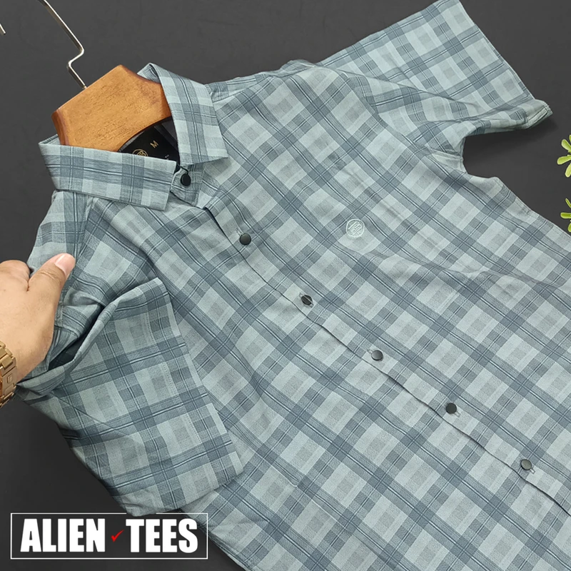 H111 Cloudy Blue Check Half  Shirt